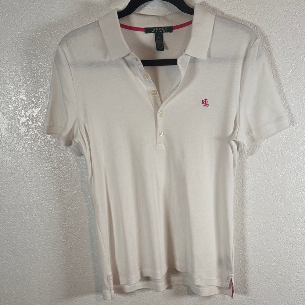 Lauren Ralph Lauren White Pink Monogram Y2K Polo Shirt Size Large